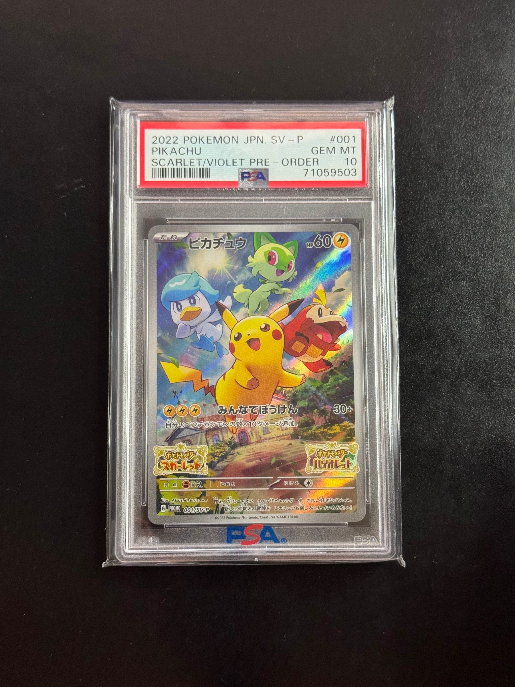 Recto de Pikachu Promo 001/SV-P – carte Pokémon japonaise PSA 10 GEM MINT